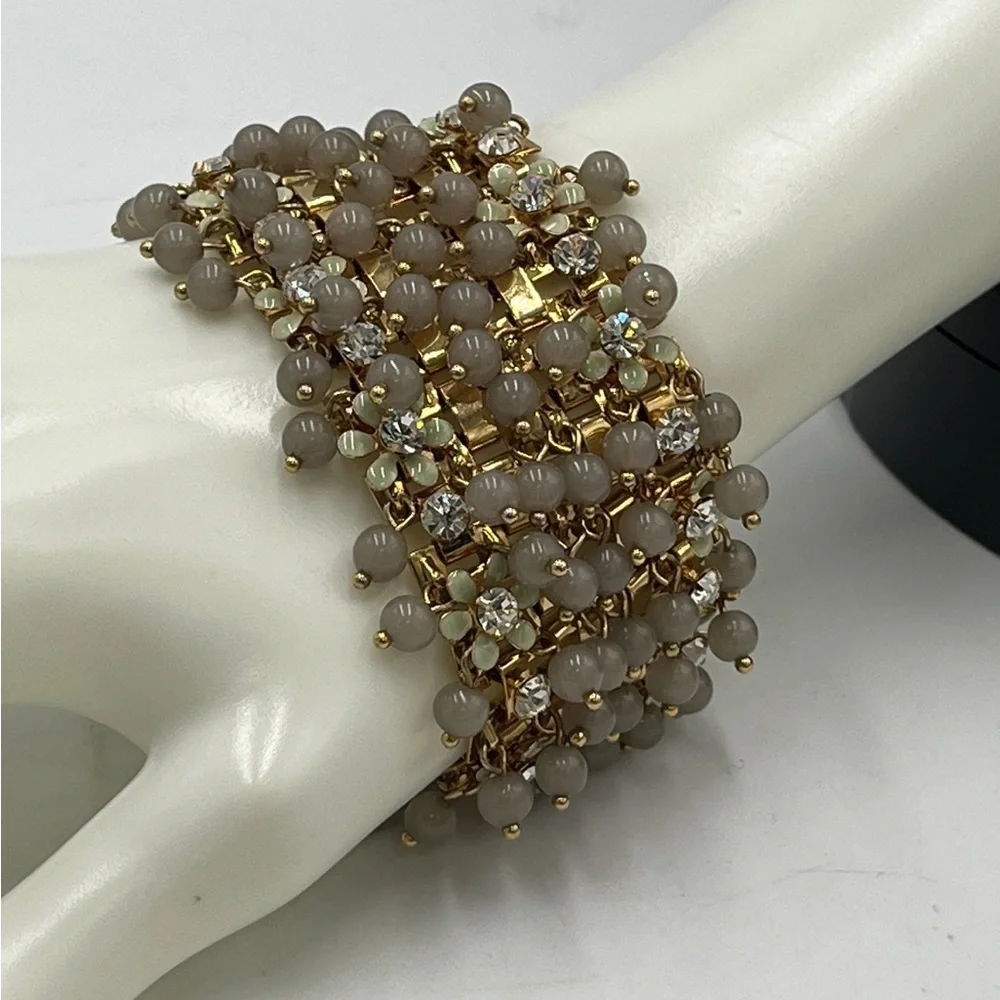 J.Crew Cluster Crystal Flowers Grey Lucite Beads Signed‎ Statement Bracelet